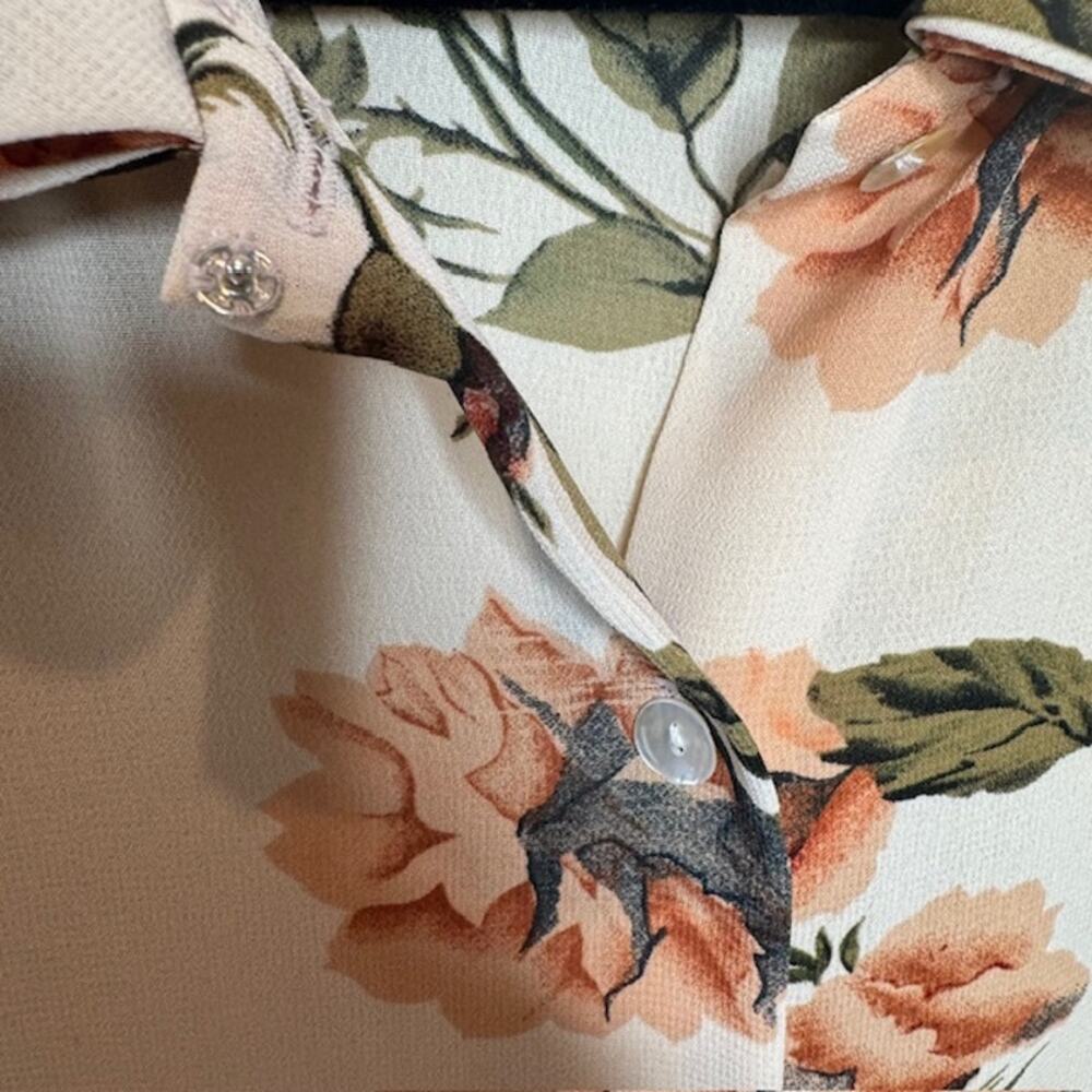 Le Caviar Sheer Floral Blouse M Beige Fall Cottagecore Button Front - Picture 6 of 14